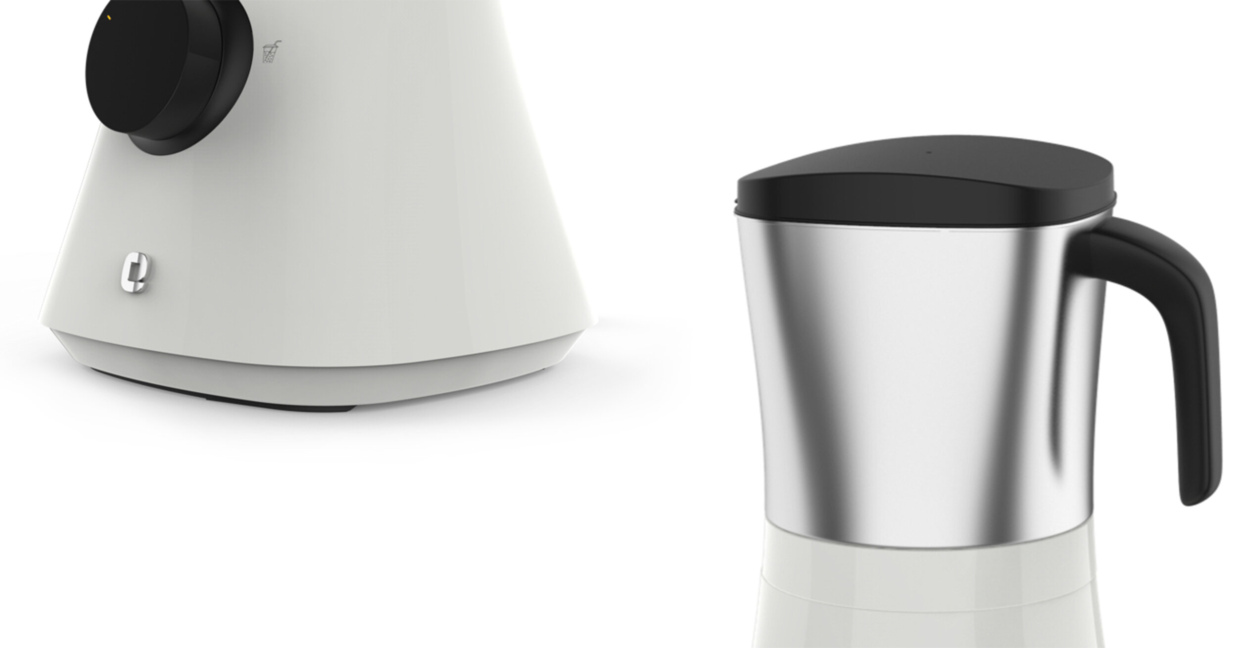 Feature details — chrome logo, jog dial, satin jars