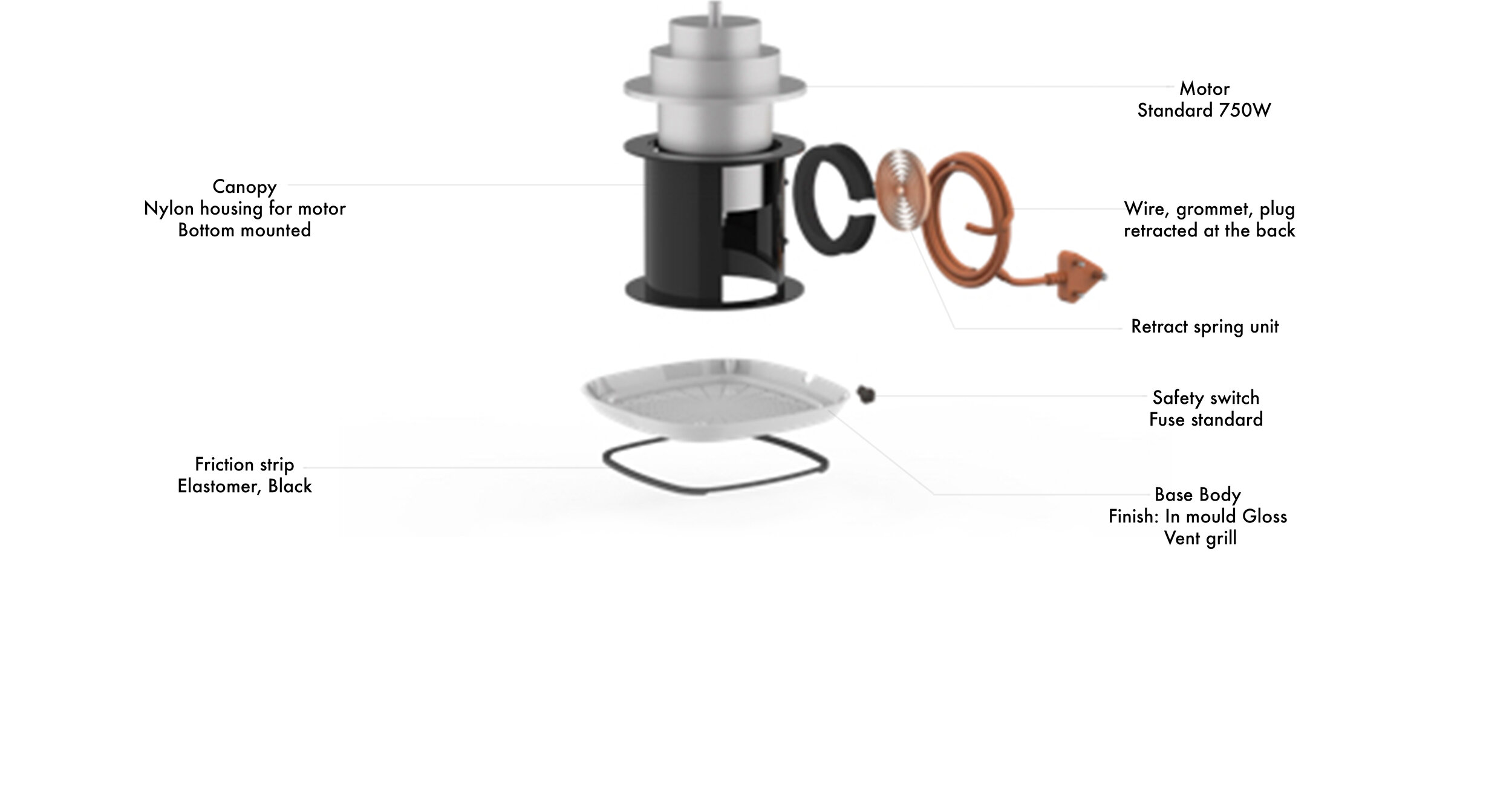 Motor base exploded — components and material specification